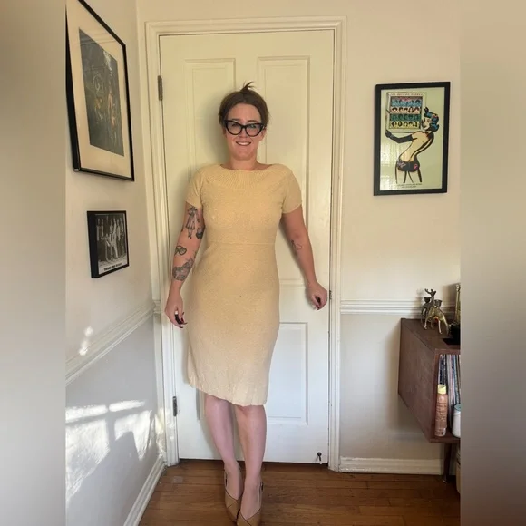 50s Vintage Cream Boucle Knit Wool Wiggle Dress - Picture 3 of 10